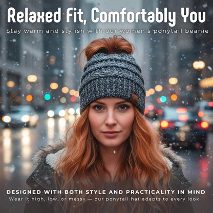Women's Ponytail Beanie - Soft Stretch Cable Knit Winter Hat for High Ponytails and Running