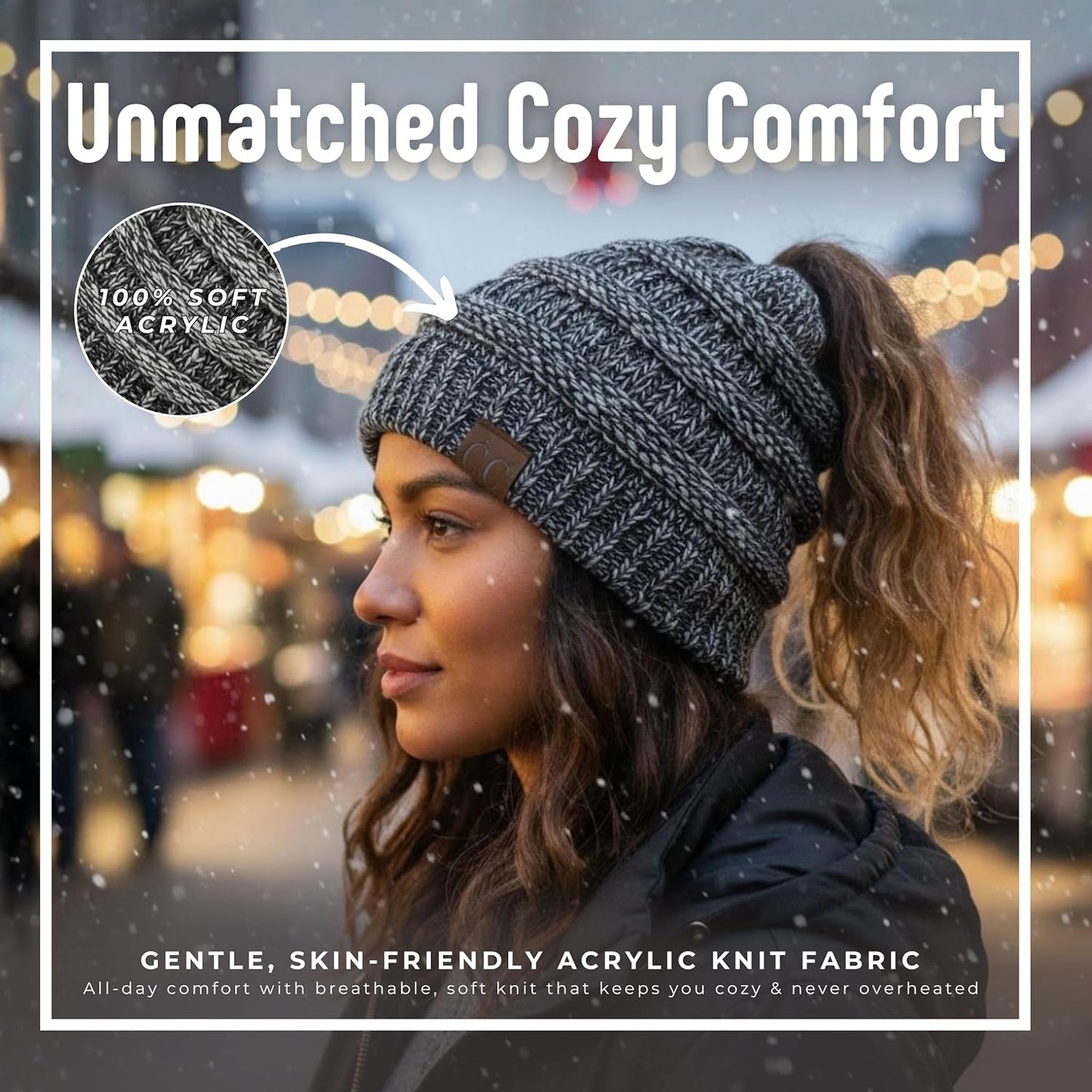 Women's Ponytail Beanie - Soft Stretch Cable Knit Winter Hat for High Ponytails and Running