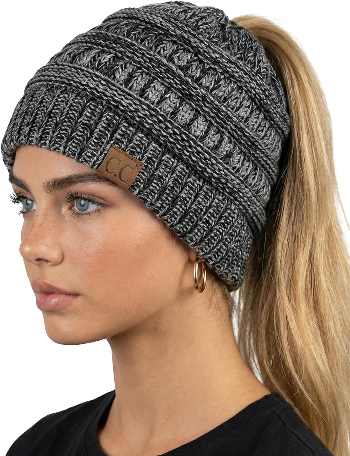 Women's Ponytail Beanie - Soft Stretch Cable Knit Winter Hat for High Ponytails and Running