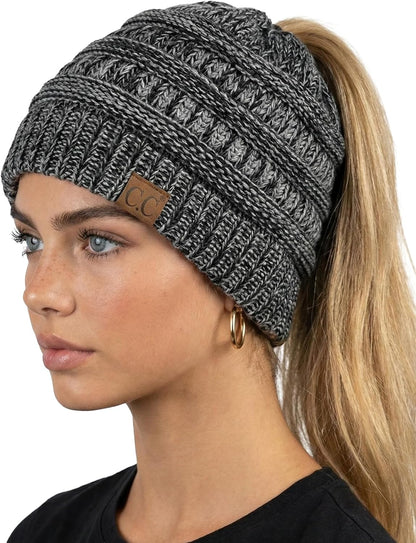 Women's Ponytail Beanie - Soft Stretch Cable Knit Winter Hat for High Ponytails and Running
