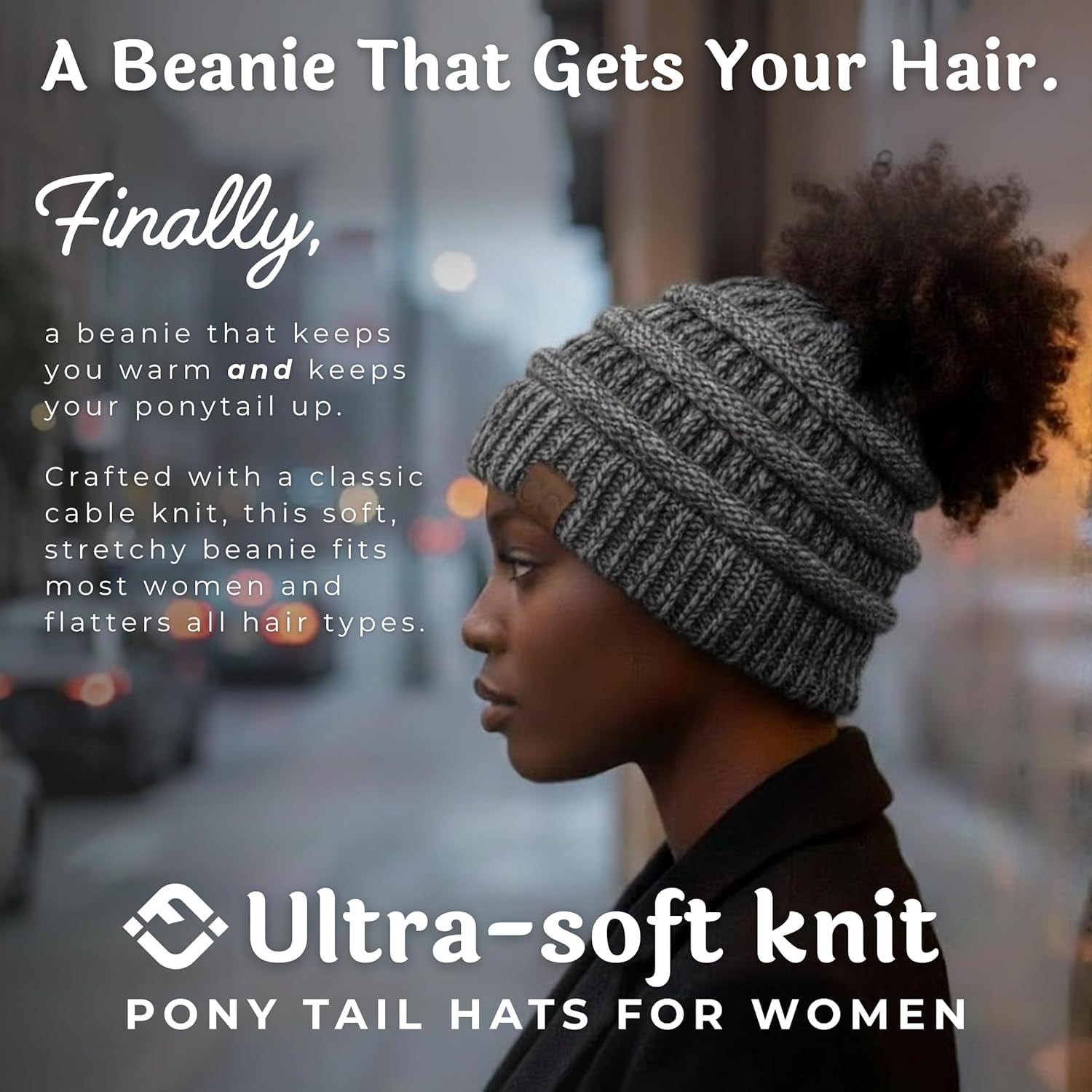 Women's Ponytail Beanie - Soft Stretch Cable Knit Winter Hat for High Ponytails and Running