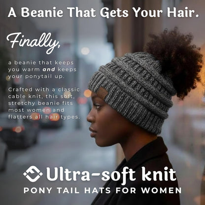 Women's Ponytail Beanie - Soft Stretch Cable Knit Winter Hat for High Ponytails and Running