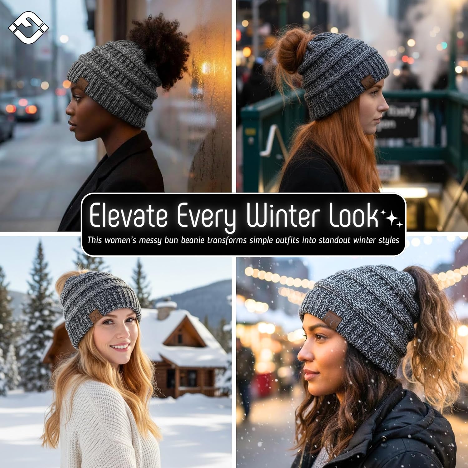 Women's Ponytail Beanie - Soft Stretch Cable Knit Winter Hat for High Ponytails and Running