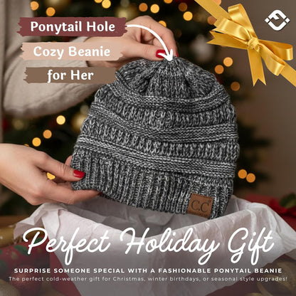 Women's Ponytail Beanie - Soft Stretch Cable Knit Winter Hat for High Ponytails and Running